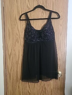 Black Embroidered Babydoll Lingerie with Floral Detail